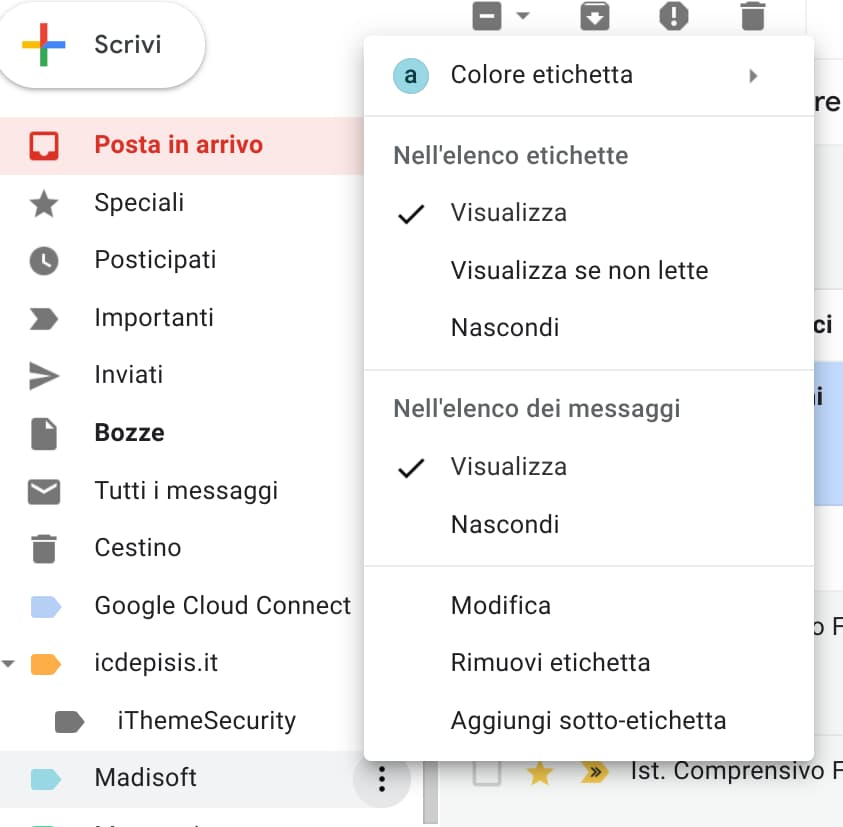 Gmail: menu rapito etichette