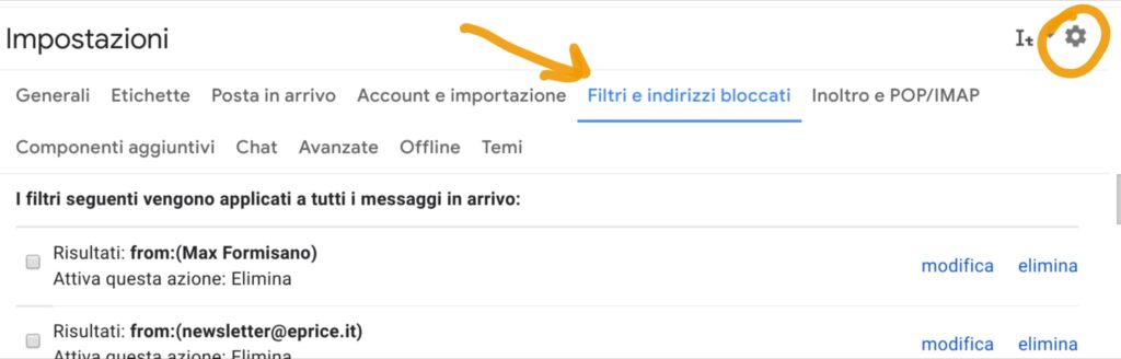 Impostazione filtri