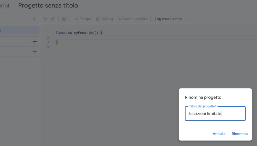 Progetto Apps Script - rinomina