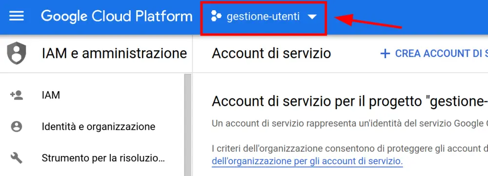 Menu di scelta del progetto in GCP